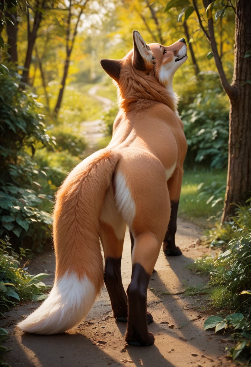 feral fox standing on the ground，Next to it is a furry animal, female furry wolf, naked, furry fantasy art, very very beautiful furry art, anatomically correct vulpine,Female fox, back view, commission for high resolution