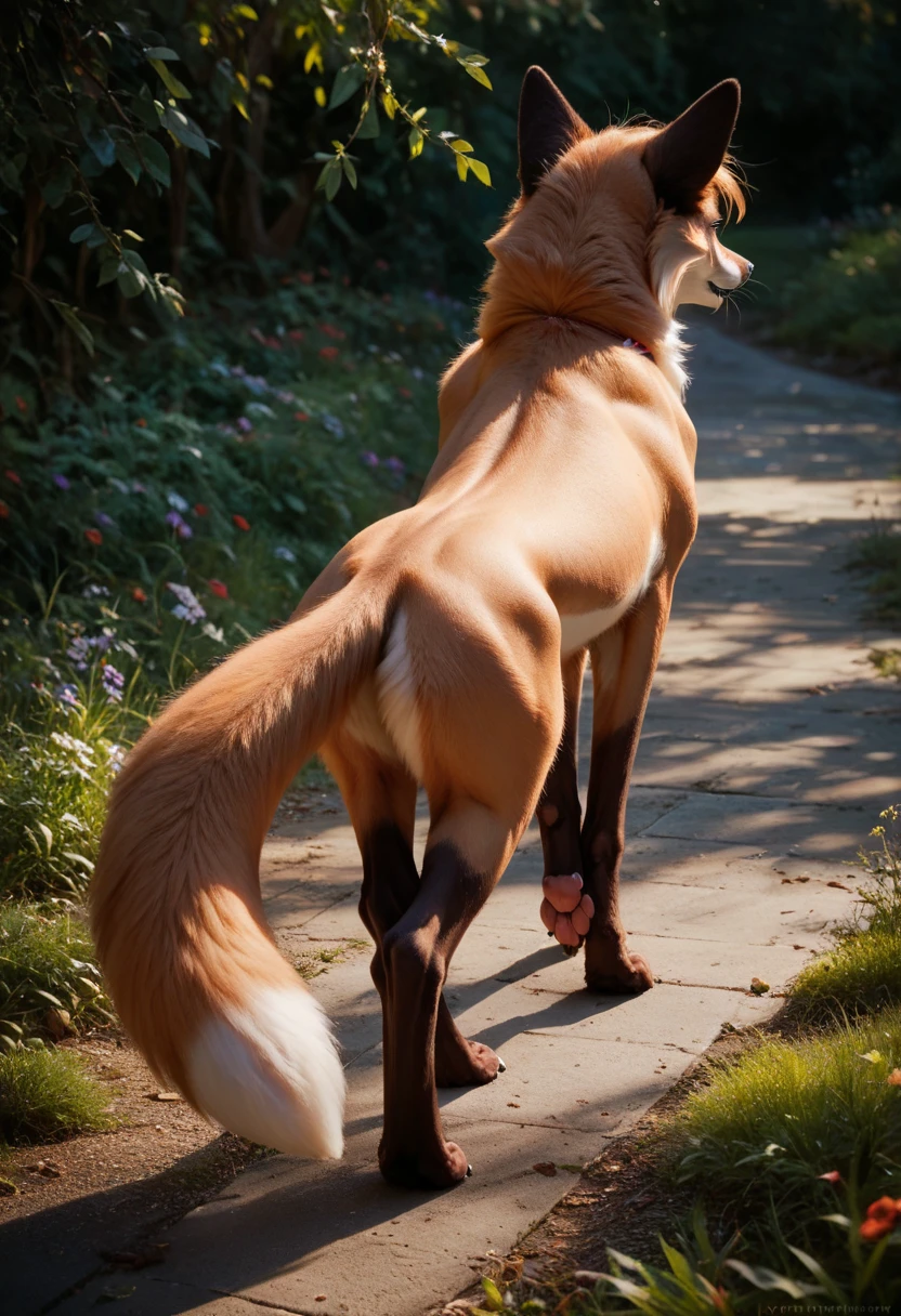 feral fox standing on the ground，Next to it is a furry animal, female furry wolf, naked, furry fantasy art, very very beautiful furry art, anatomically correct vulpine,Female fox, back view, commission for high resolution