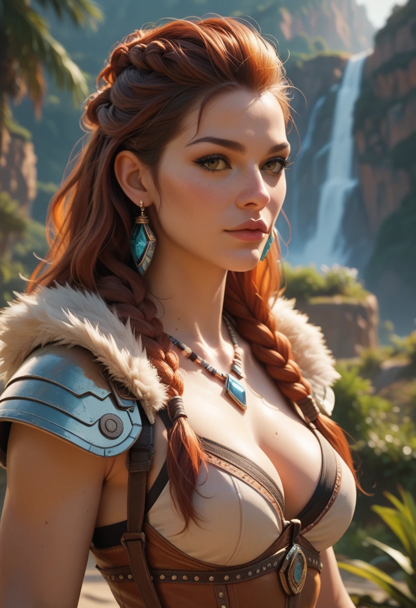 (Cinematic photo: 1. 3), Scarlet (Horizon Zero Dawn) car seeker and hunter, ((full-length)), freckles on cheeks and nose, (large breasts), emphasized big butt, cute face, deep realism, realistic hair, detailed skin, depth of field, against Tar Cliff, perfectly symmetrical face, realistic proportions, complex, abstract, directional look, cinematic composition, super detailed, realistic, hyper-realistic, volumetric lighting, high-quality digital painting 8k, on trend for artstation, Style-RustMagic, (beautiful: 1. 4),(attractive: 1.3),beautiful, calendar pose, full body
