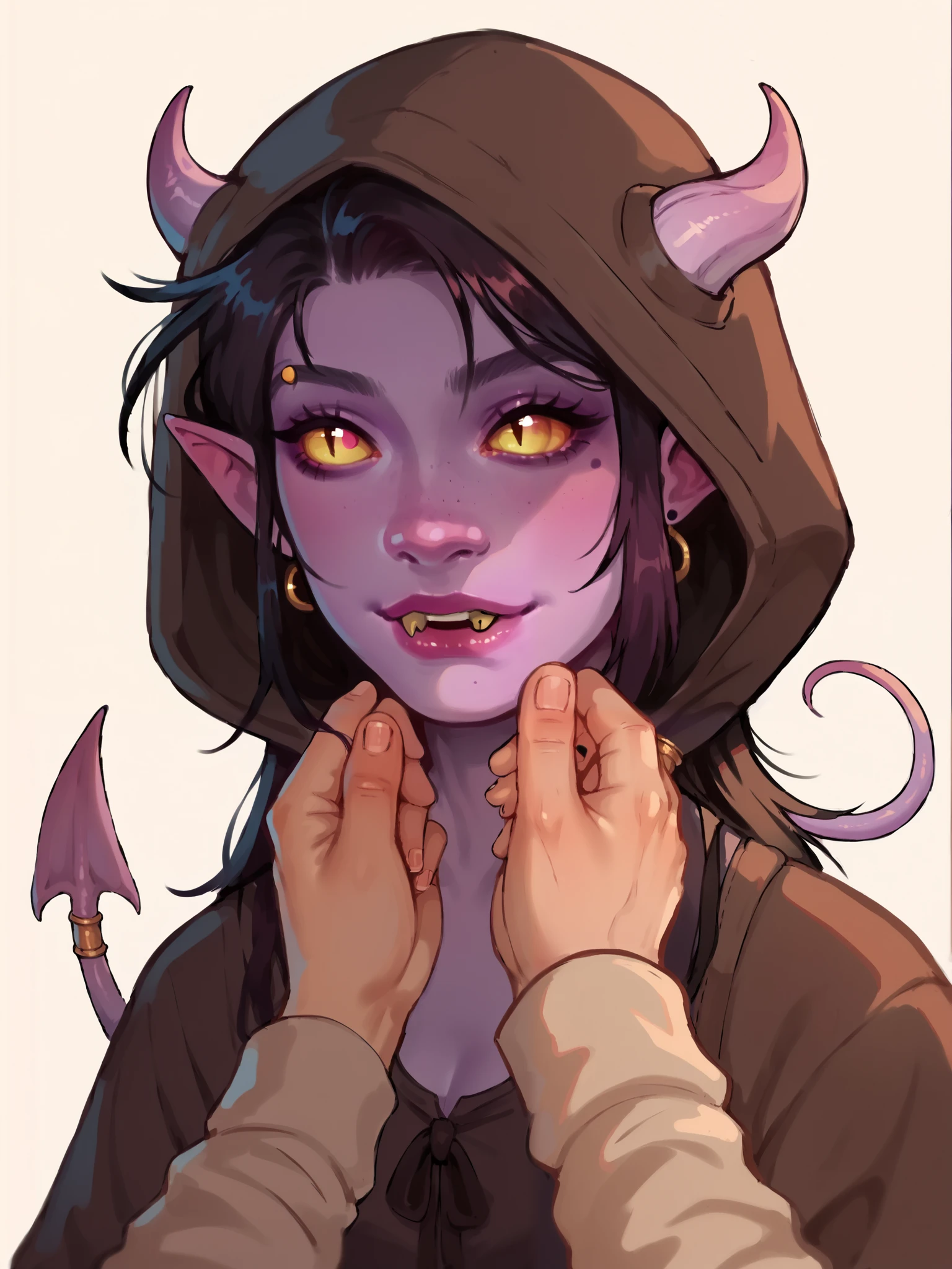 score_9, score_8_up, score_7_up, score_6_up, sw4p, a cute baby Tiefling, tiny tiefling horns, tiefling tail, simple background, hood, tender scene