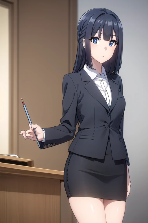 shoukomakinohara, shouko makinohara, long hair, blue eyes, black hair, braid, smile, 
BREAK suit, office lady, black skirt, black blazer, (black blazer:1.5), pencil skirt, (pencil skirt:1.5), white shirt, collared shirt
BREAK indoors, classroom, BREAK looking at viewer, (cowboy shot:1.5), BREAK (masterpiece:1.2), best quality, high resolution, unity 8k wallpaper, (illustration:0.8), (beautiful detailed eyes:1.6), extremely detailed face, perfect lighting, extremely detailed CG, (perfect hands, perfect anatomy),