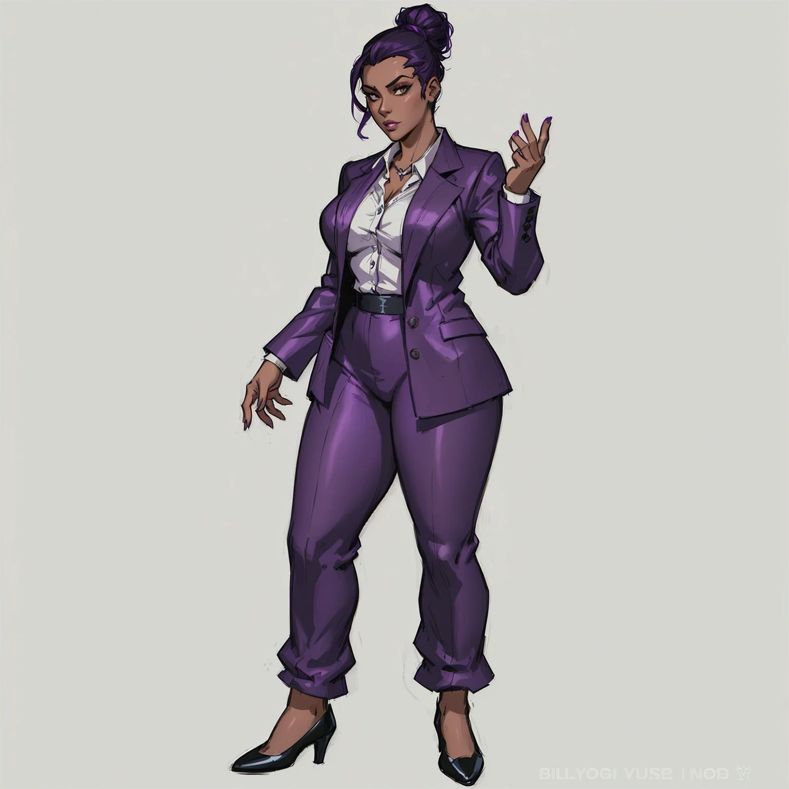 cartoon of a woman in a purple suit and black shoes, character full body portrait, full body character portrait, full-body character portrait, official character art, stylized portrait formal pose, female lead character, gta character, character posing for concept art, detailed character art, official character illustration, gta v character, inspired by Violet Fuller, kate bishop