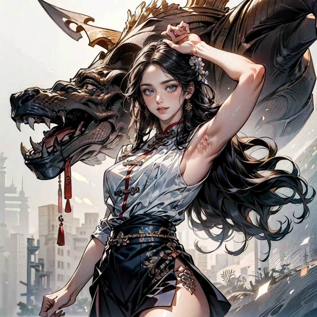 ( best quality,4K,8k, high definition ,masterpiece:1.2),super detailed,(super fine illustration),(((A woman drawn in an anime-style illustration ))),Ancient Chinese Extraordinary Beauties ,30-year-old woman:1.2,((Shining Dark Eyes , detailed eyes ), Long Beautiful Black Hair , Luxurious Hair Ornaments, Symmetrical face drawn in detail,smile,Moisturized lips), perfect style with eight heads ,(( very white skin )),abs:1.2,hairy armpit:1.3,NFSW:1.3,dramatic lighting, backlighting, deep shadows,( ancient Chinese HX armor :1.3,The armpit part is empty,(perfect fingers), dynamic pause:1.3,looking up,((( cowboy shot :1.3))),(wide-angle photo:1.3, candid photo),(( white background:1.3,simple background:1.2)), depicting everything from the tip of the head to above the knee :1.3