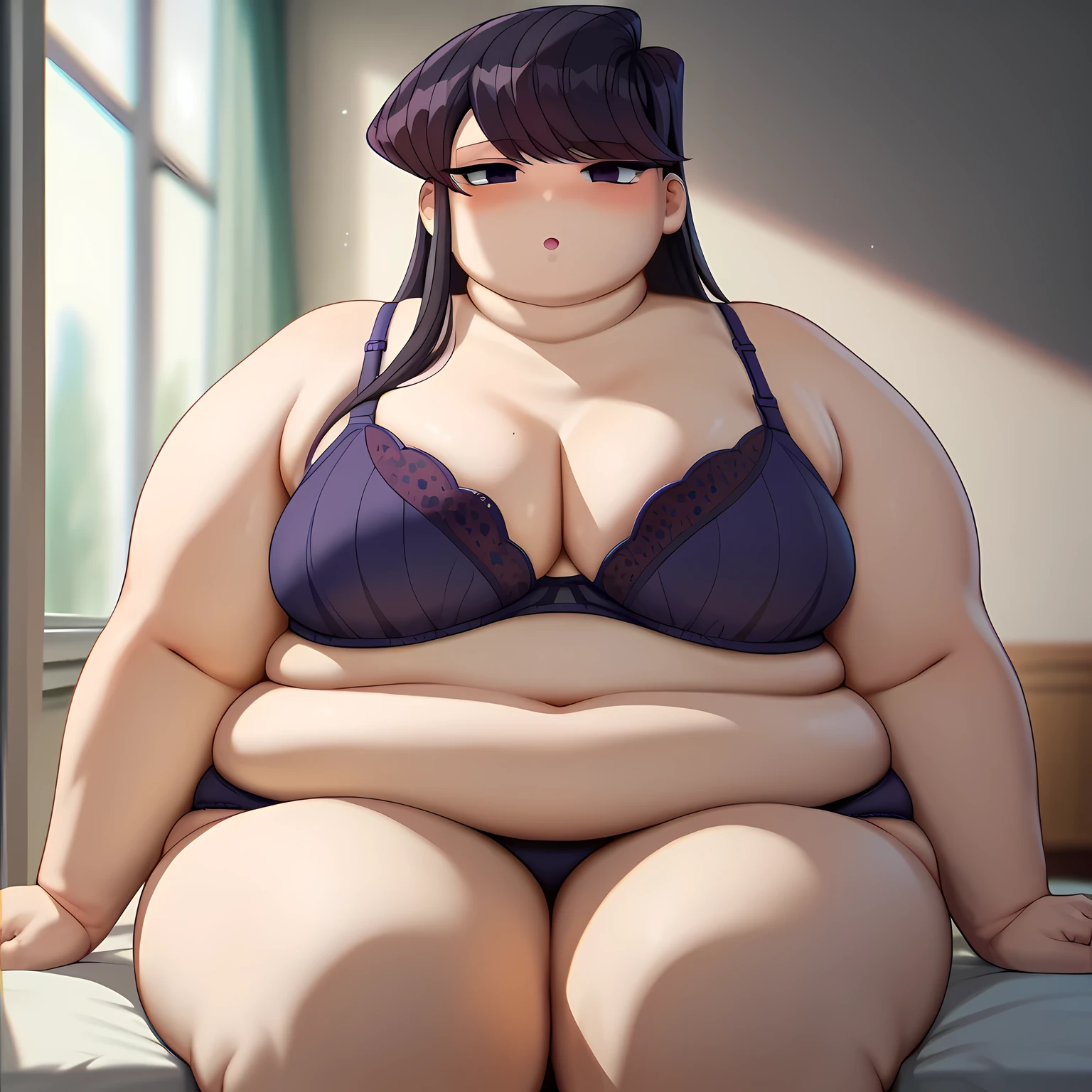 shouko komi, long hair, bangs, black hair, black eyes, half-closed eyes, komi, medium breasts, purple bra, purple panties, blush,  fat, chubby, obese, gigantic arms and legs, large breasts open mouth, out of breath