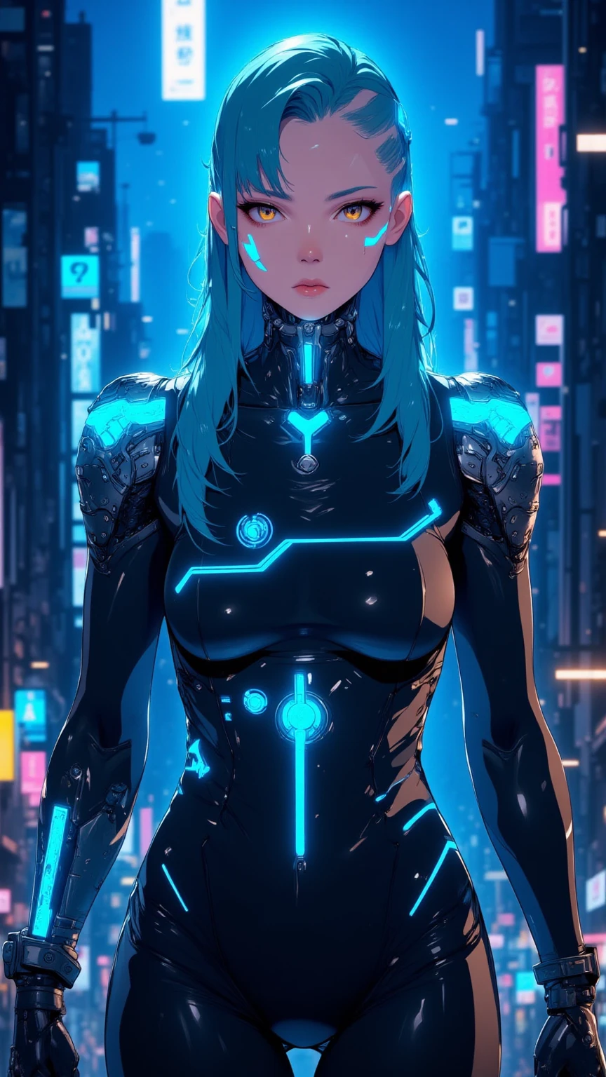 (1 girl), (asian), beautiful teenage (skinny) muscular goth cyborg girl, (full Cybernetic exosuit:1.5), (black sclera:1.5), (blue glowing eyes:1.5), (blue glowing body veins:1.5), ((((extreme muscular hypertrophy:1.25)))), (flat muscular pecs:1.25), (blue glowing hair:1.25),(beautiful face:1.25), bimbo lips, cowboy shot, gothic neon style, cyber punk style,