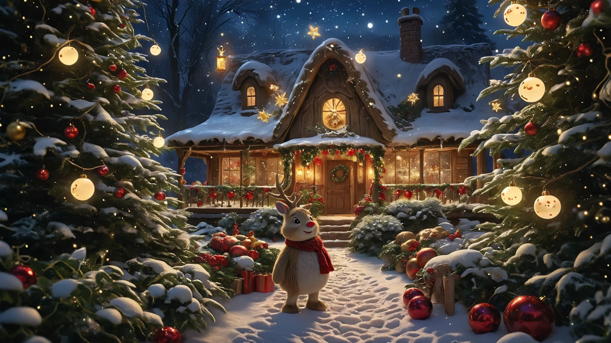 Rudolph\( Red-Nosed Reindeer\) and Frosty the Snowman\(corncob pipe, button nose, coal eyes,an old silk hat\) smiling, in the front of beautiful Christmas tree, starry night,. BREAK .quality\(8k,wallpaper of extremely detailed CG unit, high resolution, top-quality, top-quality real texture skin, hyper realistic, increase the resolution, RAW photos, best quality, highly detailed, the wallpaper, golden ratio, high saturation realism, vibrant colors, dramatic lighting, persuasive storytelling, atmospheric scenery, captivating visuals, intricate details, strong emotions, dreamlike world\),landscape,