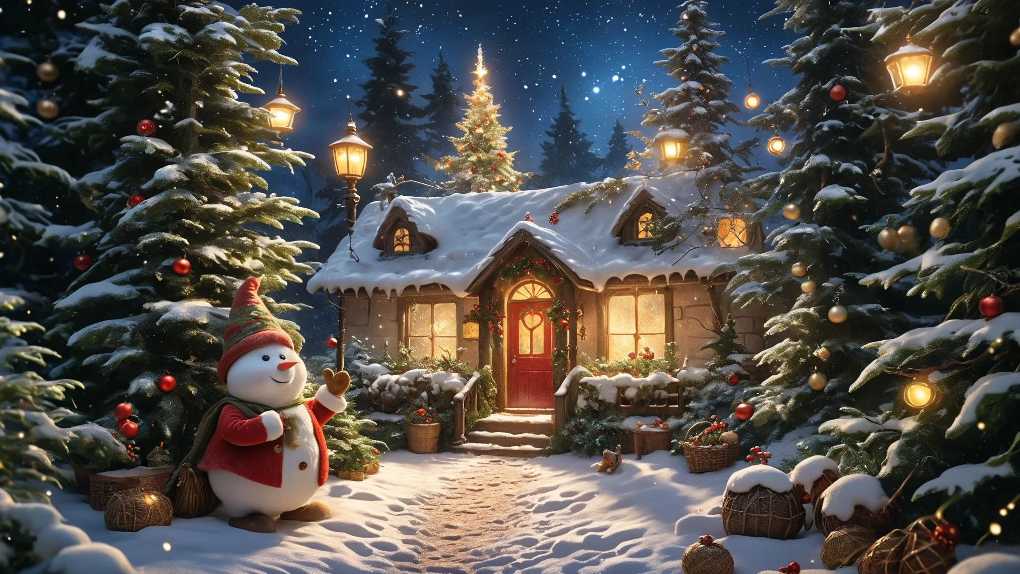 Rudolph\( Red-Nosed Reindeer\) and Frosty the Snowman\(corncob pipe, button nose, coal eyes,an old silk hat\) smiling, in the front of beautiful Christmas tree, starry night,. BREAK .quality\(8k,wallpaper of extremely detailed CG unit, high resolution, top-quality, top-quality real texture skin, hyper realistic, increase the resolution, RAW photos, best quality, highly detailed, the wallpaper, golden ratio, high saturation realism, vibrant colors, dramatic lighting, persuasive storytelling, atmospheric scenery, captivating visuals, intricate details, strong emotions, dreamlike world\),landscape,