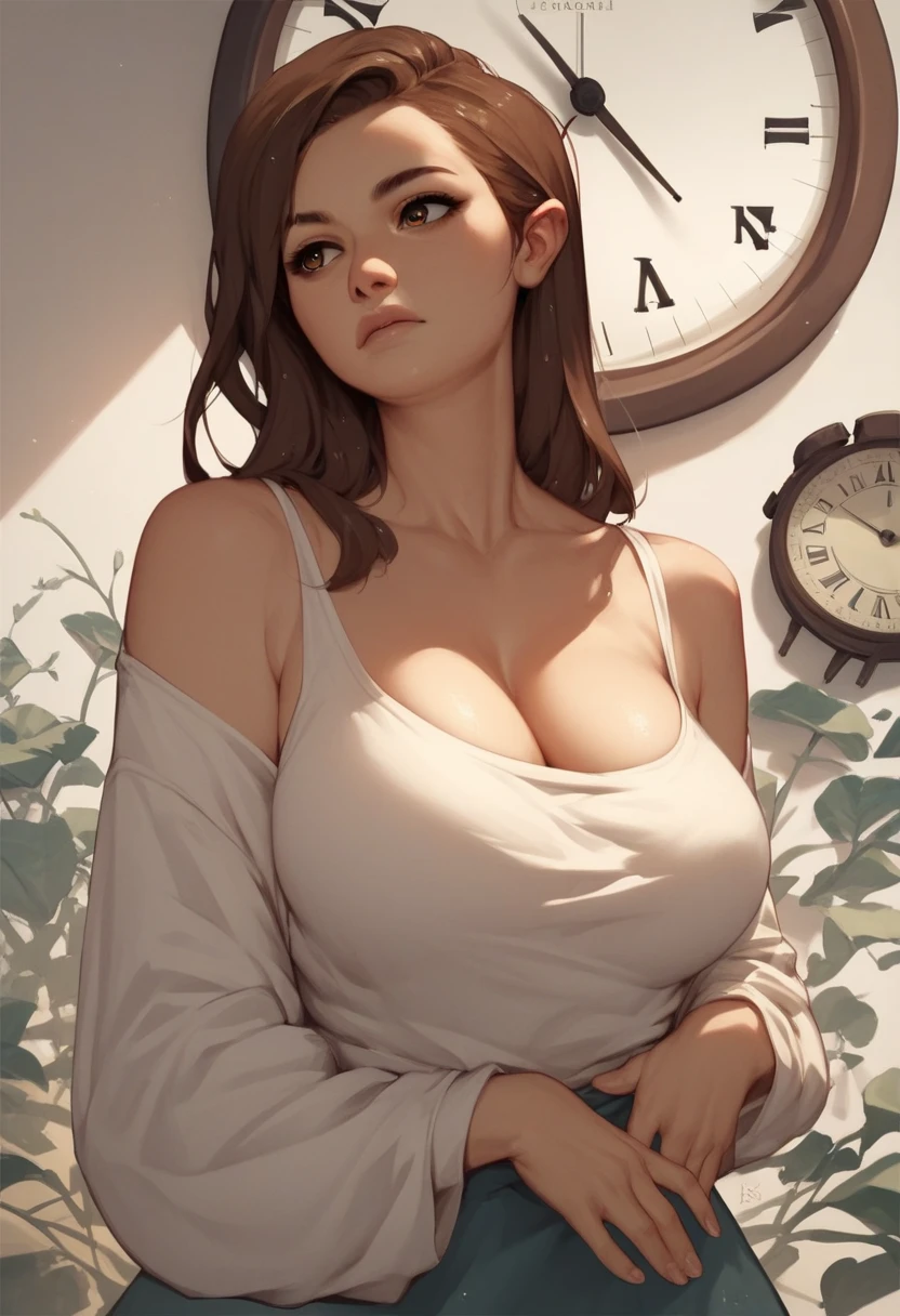 Which_clock,  brown hair,  shorthair,  Brown Eyes 　Big Breasts　