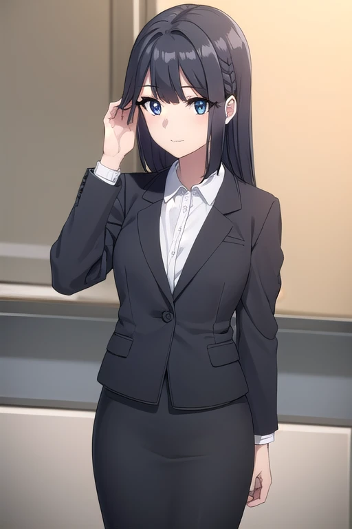 shoukomakinohara, shouko makinohara, long hair, blue eyes, black hair, braid, smile, 
BREAK suit, office lady, black skirt, black blazer, (black blazer:1.5), pencil skirt, (pencil skirt:1.5), white shirt, collared shirt
BREAK beach background, summer, BREAK looking at viewer, (cowboy shot:1.5), BREAK (masterpiece:1.2), best quality, high resolution, unity 8k wallpaper, (illustration:0.8), (beautiful detailed eyes:1.6), extremely detailed face, perfect lighting, extremely detailed CG, (perfect hands, perfect anatomy),