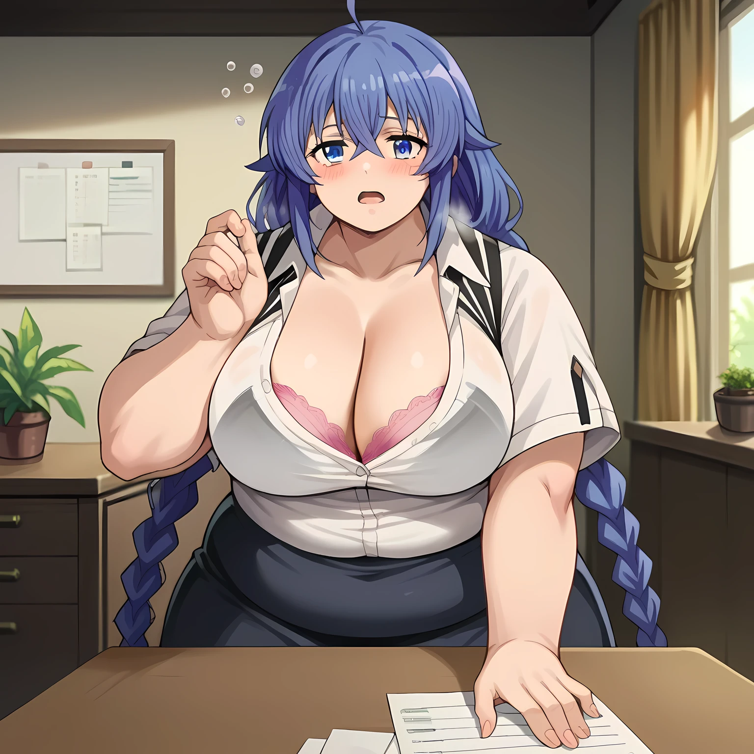 score_9, score_8_up, score_7_up, source_anime, roxymigurdia, roxy migurdia, ahoge, black ribbon, blue eyes, blue hair, braid, hair between eyes, hair ribbon, long hair, twin braids, very long hair, indoors, office, company, desks, detailed background, blush, drunk, white shirt, CLEAVAGE, bra peek, pink lace bra, big breasts, mini skirt, black skirt, looking at viewer fat, chubby, obese, gigantic arms and legs, large breasts open mouth, out of breath
