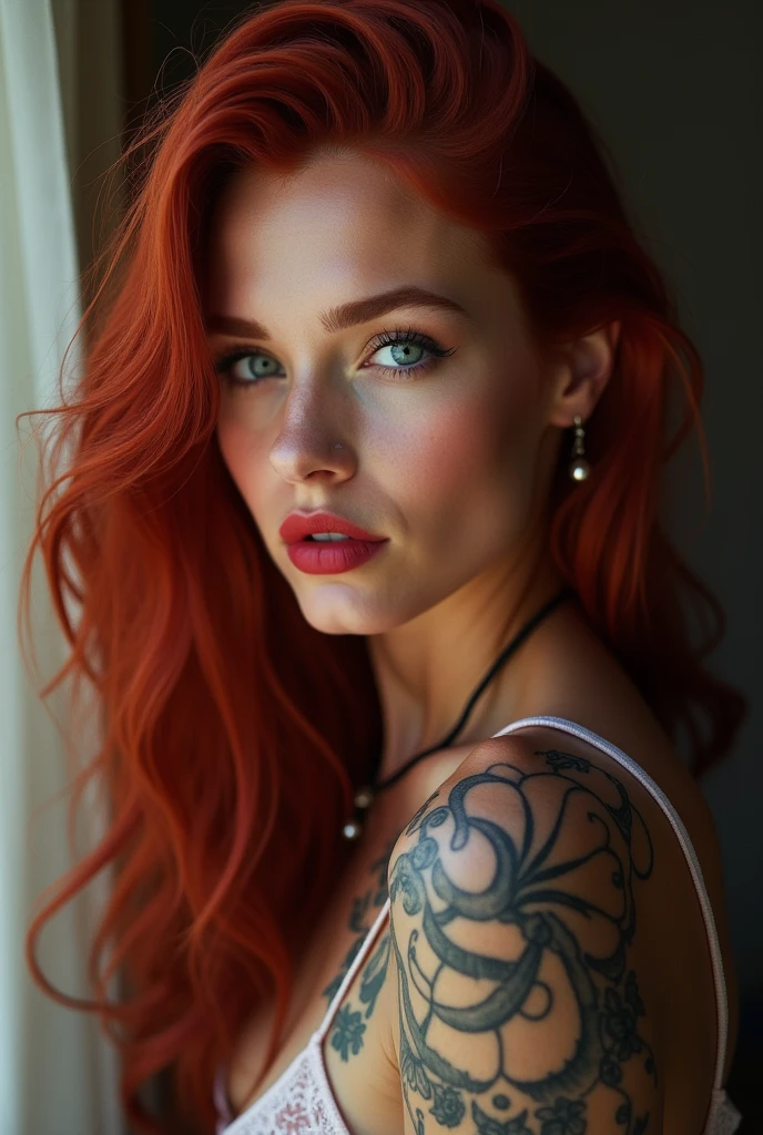 Girl with red hairs and tattoos