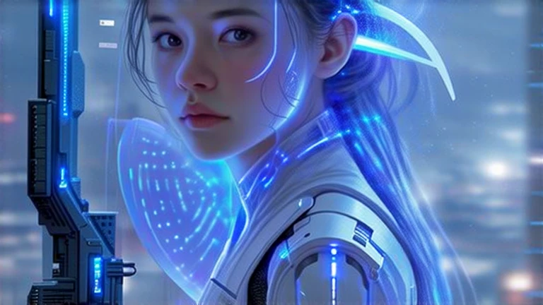  Mechanical Girl Who Looks Like a Translucent Fairy， upper body、Future Girl，Machine Joining Technology Girl ，Futuristic city background