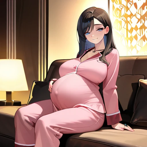 Pregnant mother , (( best quality , 8K, masterpiece:1.3)), Key Points:1.2, Perfect body beauty:1.4, Hips:1.2, ((Fine hair)), ( brightly colored Japanese pajamas :1.1) , ( hotel room : 1.2),  highly detailed facial and skin textures,  careful eyes , Double eyelids, Skin Whitening,  big breasts ,  Smile, Wearing a necklace, ring, People sitting on the couch ,  big pregnant stomachs , Dress conservatively 