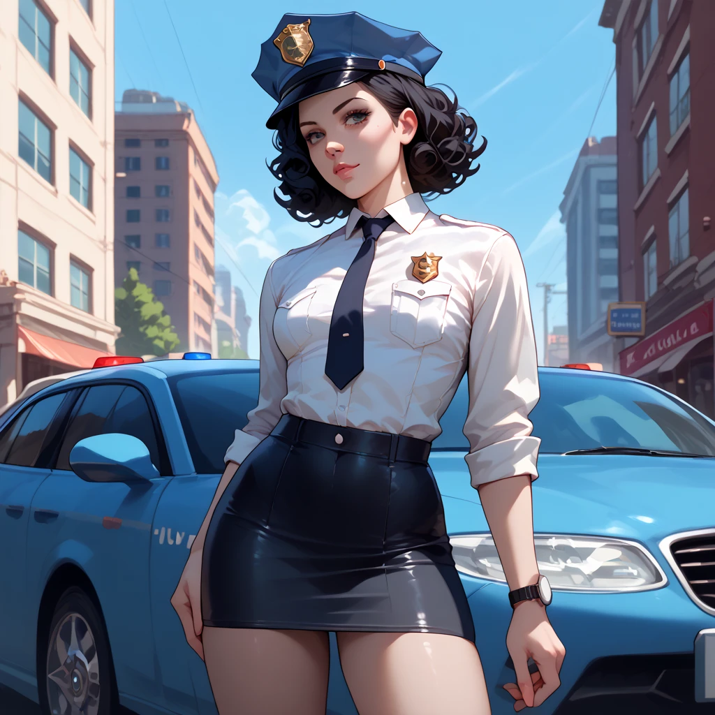 a woman, standing, full body, ((solo)),close up, (dynamic pose:0.9), photorealistic, (hyperrealistic:1.2), beautiful, masterpiece, best quality, extremely detailed face, perfect lighting, medium breasts, (wide hips:1.2), nsfw, (from front), glowing, , (( black long hair)), perfect eyes, large eyes, curly eyelashes,(( dressed as a police officer)), ((white mini skirt)) , (exited face:1.1) , ((perfect face)), ((fishnets)), (((horny))), ((perfect hands)), (red rose on the head), (perfect hands),