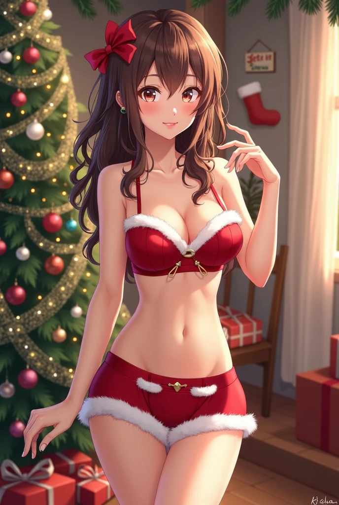 ((masterpiece、top-quality:1.5、a high chroma:1.5、ultra-detailliert、high-resolution illustrations:1.5、Ultra-high-definition CG、8k size wallpaper、offcial art))、,(beautiful countenance、:1.5)、(seductive smile:1.3),
(sexy body)、((micro open lingerie、
wear micro open lingerie、micro open lingerie,:1.5)),(),(Standing:1.5)、Seductive smile,Open mouth, (large breasts:1.3)、
,(Positive 1.5),(cowboy shot:1.5)、(The background is a christmas colors:1.5)、girl with, masutepiece,micro open lingerie