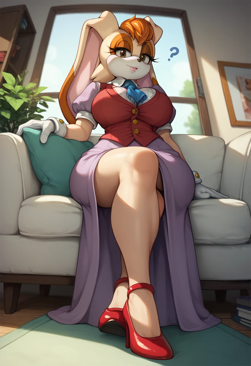 1 girl, solo, Giant soft and heavy breasts, wide hips and thick thighs, voluptuous figure, cleavage busting out of top, milf, vanilla the rabbit, long skirt, purple skirt, Blue ascot, short sleeves, puffy sleeves, collared shirt, white gloves, buttons, red vest, red heels, sitting on sofa, closet eyes, living room, day, confused face, looking at viwer, full body, front view, crossed legs, front angle, pov view, below view 