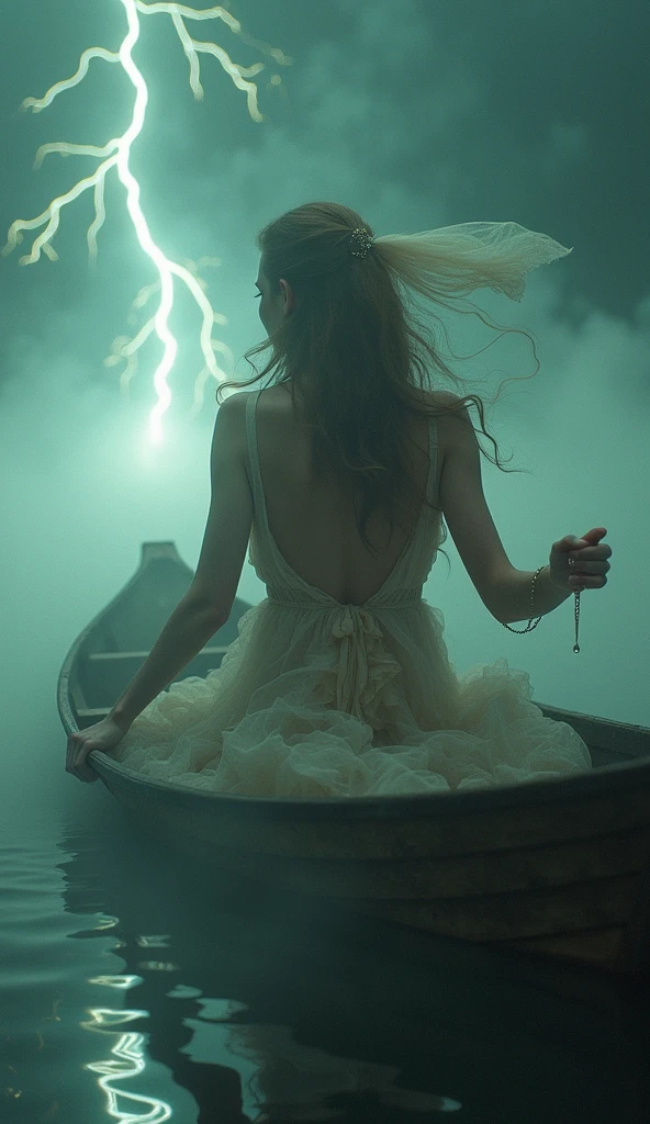  Surrounded by swirling and flickering fog {x} photo realistic, floating on a wooden boat , tulle scarf ,Bare chest skin,  ,  in a surreal  , shining like lightning on her perfect ,  luminous glowing feature ,  with a mesmerizing ,  cinematic glow , and dynamic ,  Fine Details ,  with a highly realistic  