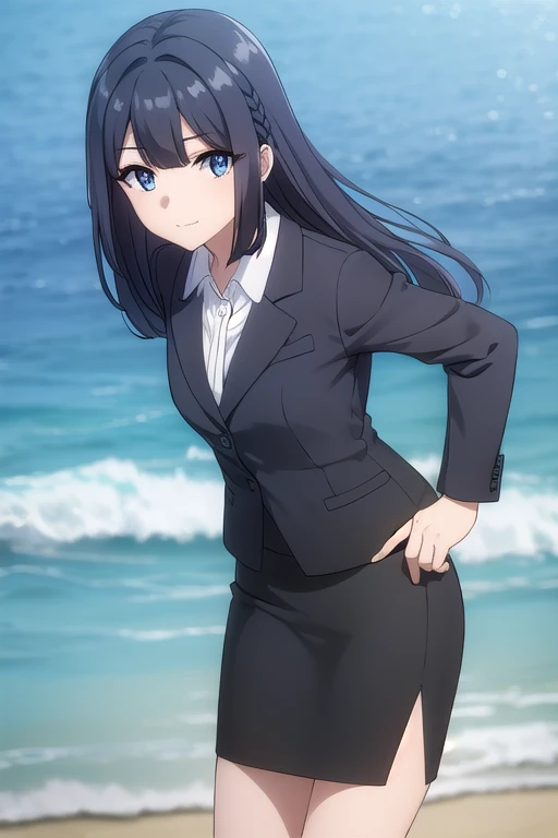 shoukomakinohara, shouko makinohara, long hair, blue eyes, black hair, braid, smile, 
BREAK suit, office lady, black skirt, black blazer, (black blazer:1.5), pencil skirt, (pencil skirt:1.5), white shirt, collared shirt
BREAK outdor, beach background, (beach background:1.6), summer, BREAK looking at viewer, (cowboy shot:1.5), BREAK (masterpiece:1.2), best quality, high resolution, unity 8k wallpaper, (illustration:0.8), (beautiful detailed eyes:1.6), extremely detailed face, perfect lighting, extremely detailed CG, (perfect hands, perfect anatomy),