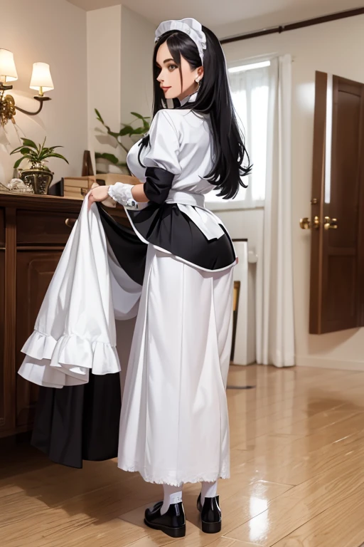 ４０Generation of women　 Brazilian beauty 　 Victoria Morning Style Long Skirt Maid Outfit in White and Black　Cleaning the guest room floor 　 Attractive Butts 　 white knee-high socks and black women's shoes 　Inside a historic mansion 　 Serious Expression 　