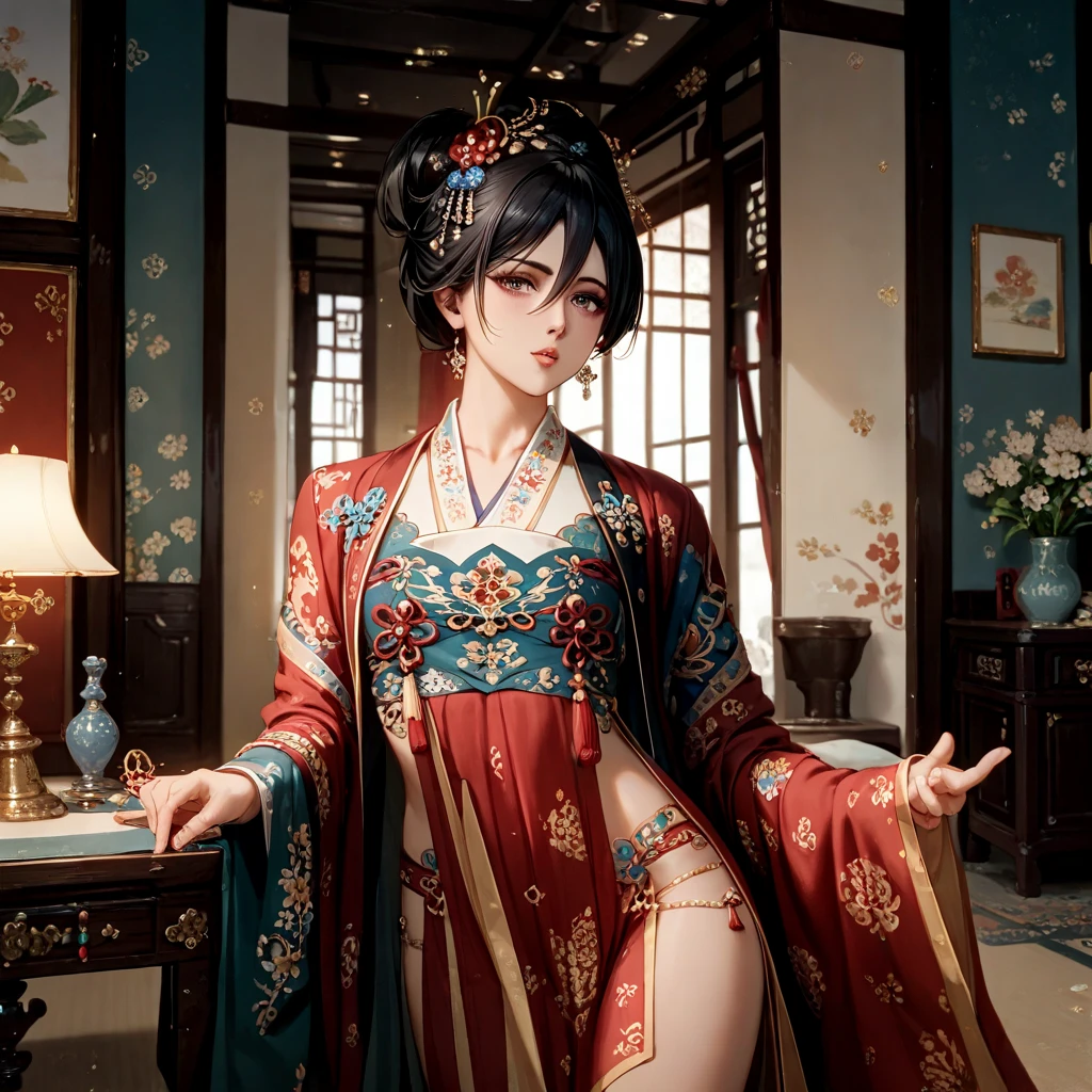 A beautiful woman wearing a purple cheongsam is standing in the room, Beautiful woman in her late 27s, Photorealistic painting by Cynthia Shepherd, cgsociety contest winner, fantasy art, Style Ivan Talavera and Artgerm, elegant cinematic pose, Charlie Bowater Rich Deep Colors, beautiful attractive anime woman, style of charlie bowater, surreal art nouveau style, stunning elegant pose, hyperrealistic fantasy art, highest quality, perfect angle, perfect composition, best shot, official art, cinematic light, figurative art, Beautiful and expressive paintings, Beautiful artwork illustration, wonderful, cool beauty, clear, Mysterious, highest quality, official art, perfect composition,perfect angle, best shot, women only, sharp outline, In the middle of a conspiracy, The face behind the scenes, dark government official, dark mission, first class agent, government agent, Top big-name spy, A talented female spy, beautiful female spy, extremely detailed and beautiful eyes, Beautiful eyes with slit length, quite beautiful face, A talented secret agent, sabotage specialist, Spy X21, carry a concealed gun and knife, Eyes without pupils, color eye, ideal anima, melancholy, nostalgia, romantic, 1930s, Hongkong, beautiful cityscape, sepia memories, unforgettable woman, Full body Esbian, hard boiled