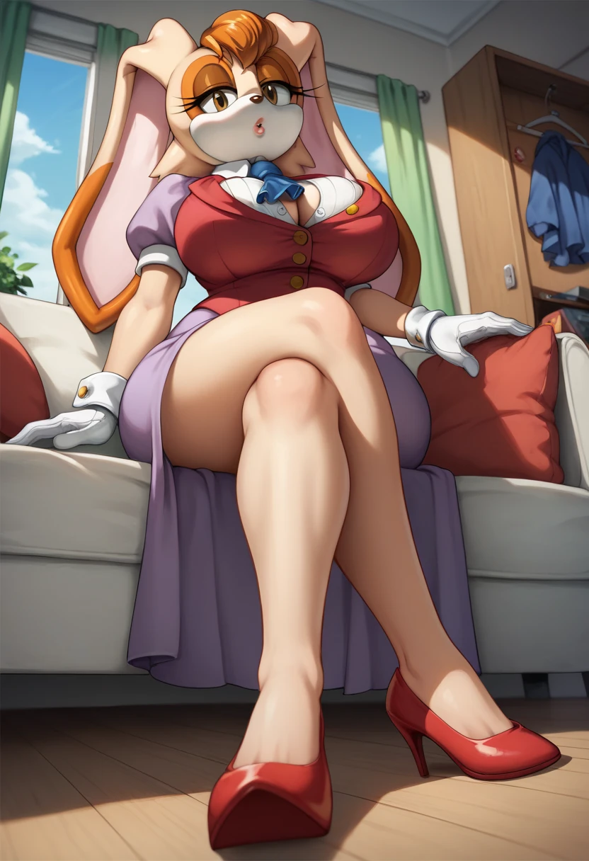 1 girl, solo, Giant soft and heavy breasts, wide hips and thick thighs, voluptuous figure, cleavage busting out of top, milf, vanilla the rabbit, long skirt, purple skirt, Blue ascot, short sleeves, puffy sleeves, collared shirt, white gloves, buttons, red vest, red heels, sitting on sofa, closet eyes, living room, day, confused face, looking at viwer, full body, front view, crossed legs, front angle, pov view, below view 