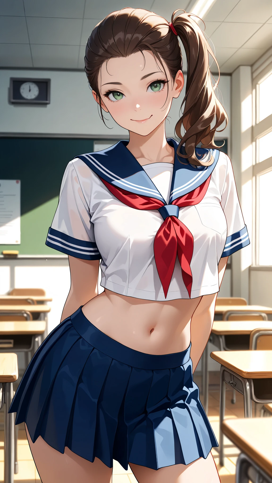 (8k, RAW photo, best quality, masterpiece, soft cinematic lighting, soft color:1.4),(ceiling, look at me,face focus:1.5), (realistic), (indoor background), (solo, mature woman,19years old:1.3), (sailor uniform,underboob,low-cut miniskirt,sheer :1.3), (embarrassed,red Cheeks:1.25), party chignon bronze color hair, clean skin, (smaller butt:0.9),(huge long wide heavy breasts:1.4), (thick, curvy:1.3),(very skinny:1.3)