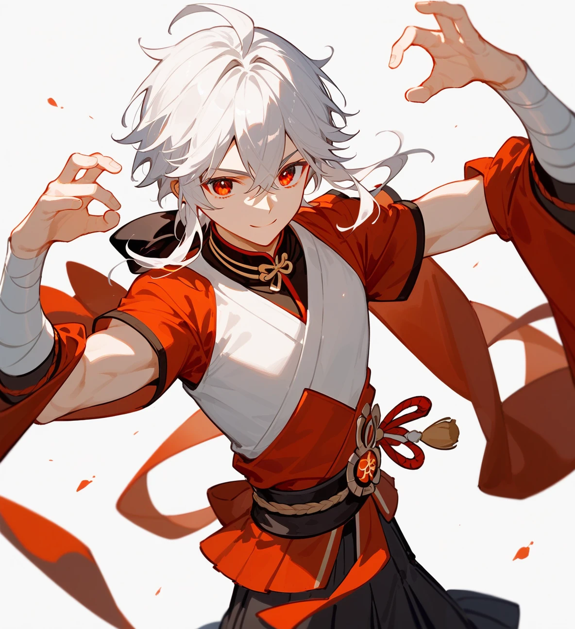 (score_9,score_8_up,score_7_up,),score_9,score_8_up,score_7_up,
upper body,1boy, solo, white and red clothes,hair,shirt flipping out, pleated skirt (fate/extra\),, white hair, red eyes, flat reasts, light smile, Fluttering tops, full body, samurai pose , cool pose, ekspresi cool
(white background),[kaedehara kazuha] genshin impact 