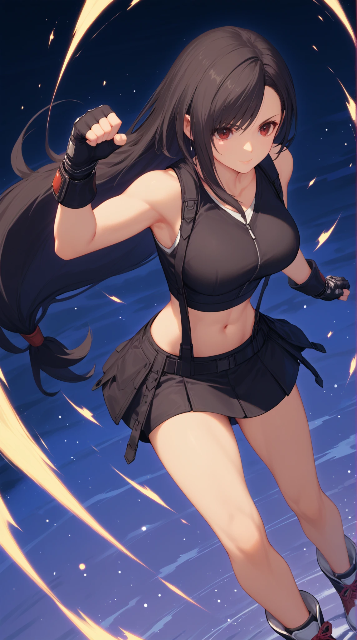 ,solo,1girl\(cute,beauty,acTif,tifa7re, brown eyes, black hair, long hair, black shirt, black tank top, zipper, black skirt, midriff, black shorts, black gloves, arm ribbon, black sneakers,fighting stance,dynamic pose, (dynamic action:1.3),(limit break:1.3),(muscularity:1.3),(athletic:1.3),muscular,toned\). background\(cosmic,lifestream,spirit energy, mana\),(dynamic angle:1.3). score_9, score_8_up, score_7_up, score_6_up, score_5_up, score_4_up, source_anime,source_furry,rating_safe,rating_questionable,masterpiece, best quality, perfect anatomy , very aesthetic , absurdres ,