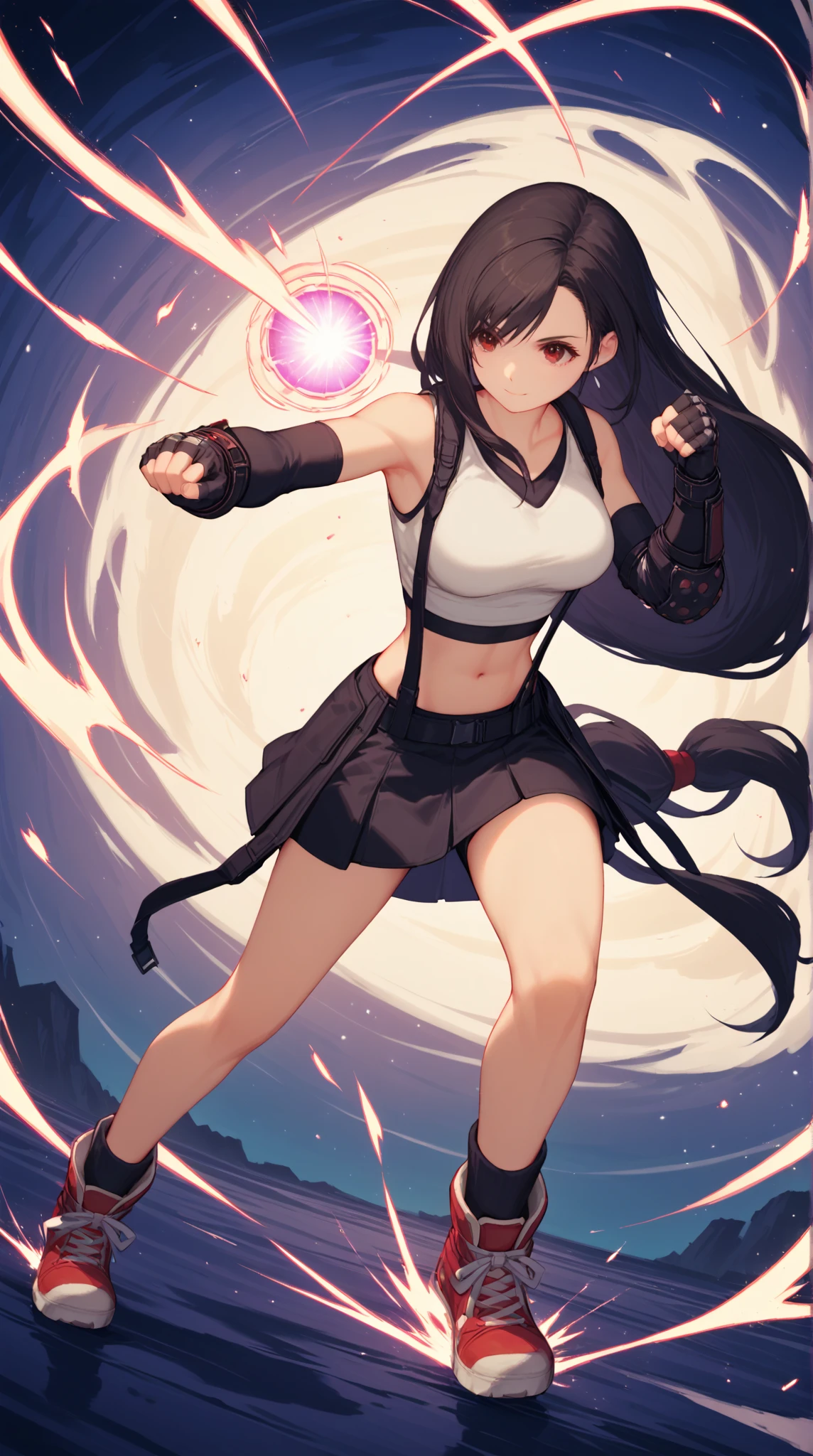 ,solo,1girl\(cute,beauty,acTif,tifa7re, brown eyes, black hair, long hair, black shirt, black tank top, zipper, black skirt, midriff, black shorts, black gloves, arm ribbon, black sneakers,fighting stance,dynamic pose, (dynamic action:1.3),(limit break:1.3),(muscularity:1.3),(athletic:1.3),muscular,toned\). background\(cosmic,lifestream,spirit energy, mana\),(dynamic angle:1.3). score_9, score_8_up, score_7_up, score_6_up, score_5_up, score_4_up, source_anime,source_furry,rating_safe,rating_questionable,masterpiece, best quality, perfect anatomy , very aesthetic , absurdres ,