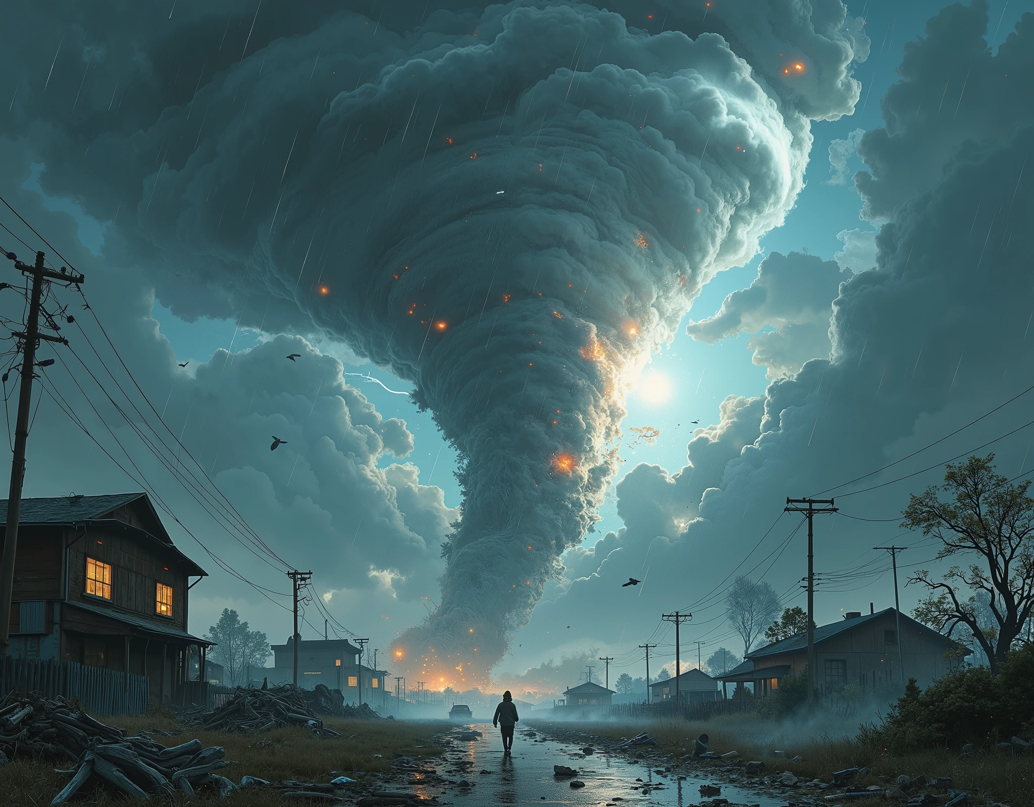 a massive tornado, a violent hurricane, a stormy night, (best quality,4k,8k,highres,masterpiece:1.2),ultra-detailed,(realistic,photorealistic,photo-realistic:1.37),dramatic storm clouds, swirling winds, heavy rain, lightning strikes, dramatic lighting, moody sky, dark and ominous atmosphere, cinematic composition, sense of power and danger, intense colors, dynamic camera angle, storm-ravaged landscape, debris flying through the air, awe-inspiring scale, (epic,cinematic:1.2)