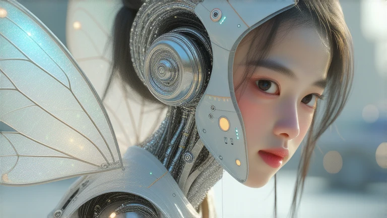  Mechanical Girl Who Looks Like a Translucent Fairy， upper body、Future Girl，Machine Joining Technology Girl ，Futuristic city background、Very realistic、８k、 Soft Focus、Stunning Exposure 、art、photo、