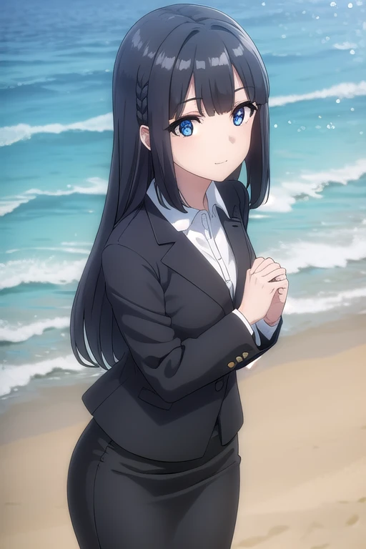 shoukomakinohara, shouko makinohara, long hair, blue eyes, black hair, braid, smile, 
BREAK suit, office lady, black skirt, black blazer, (black blazer:1.5), pencil skirt, (pencil skirt:1.5), white shirt, collared shirt
BREAK outdor, beach background, (beach background:1.6), summer, BREAK looking at viewer, (cowboy shot:1.5), BREAK (masterpiece:1.2), best quality, high resolution, unity 8k wallpaper, (illustration:0.8), (beautiful detailed eyes:1.6), extremely detailed face, perfect lighting, extremely detailed CG, (perfect hands, perfect anatomy),