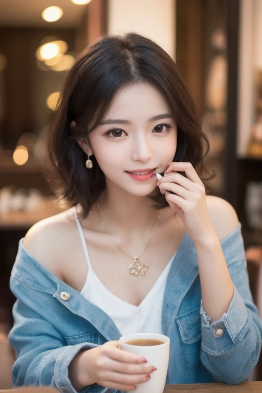 ((Brown Bob Hair))), (Louvre Museum), Pose Seductive, (A hyper-realistic), (Illustration), (Increased resolution), (8KUHD), (Extremely detailed), (Best Illustration), (Beautiful and detailed eyes), (Best Quality), (ultra-detailliert), (masutepiece ), ( Wallpaper), (Detailed face), Solo, 1人の女性, Fine details, Detailed face, Deep Shadows, lowkey, pureerosfaceace_v1, Smiling, 46 point slanted bangs、Lemon yellow see-through blouse with collar、cleavage of the breast、Big necklace、large earring、Laughing、