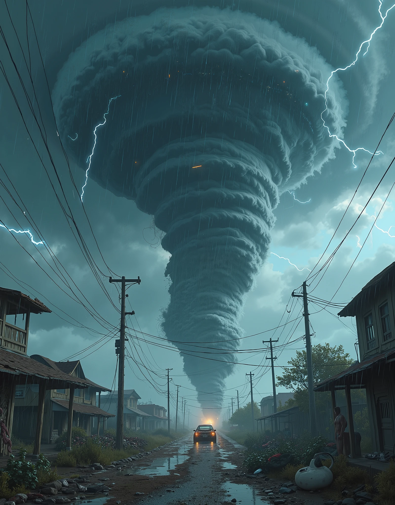 a massive tornado, a violent hurricane, a stormy night, (best quality,4k,8k,highres,masterpiece:1.2),ultra-detailed,(realistic,photorealistic,photo-realistic:1.37),dramatic storm clouds, swirling winds, heavy rain, lightning strikes, dramatic lighting, moody sky, dark and ominous atmosphere, cinematic composition, sense of power and danger, intense colors, dynamic camera angle, storm-ravaged landscape, debris flying through the air, awe-inspiring scale, (epic,cinematic:1.2)