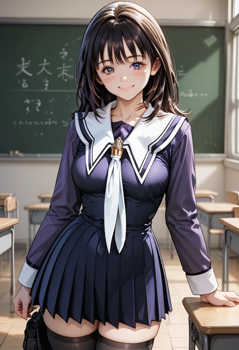 score_9, score_8_up, score_7_up, score_6_up, score_5_up, score_4_up, (masterpiece, best quality), 1girl, In the high school classroom, standing, show breasts, smile, blush, closed mouth, medium full breasts,
BREAK
School uniform, Purple shirt, blue skirt, White neckerchief, Black thighhighs, 