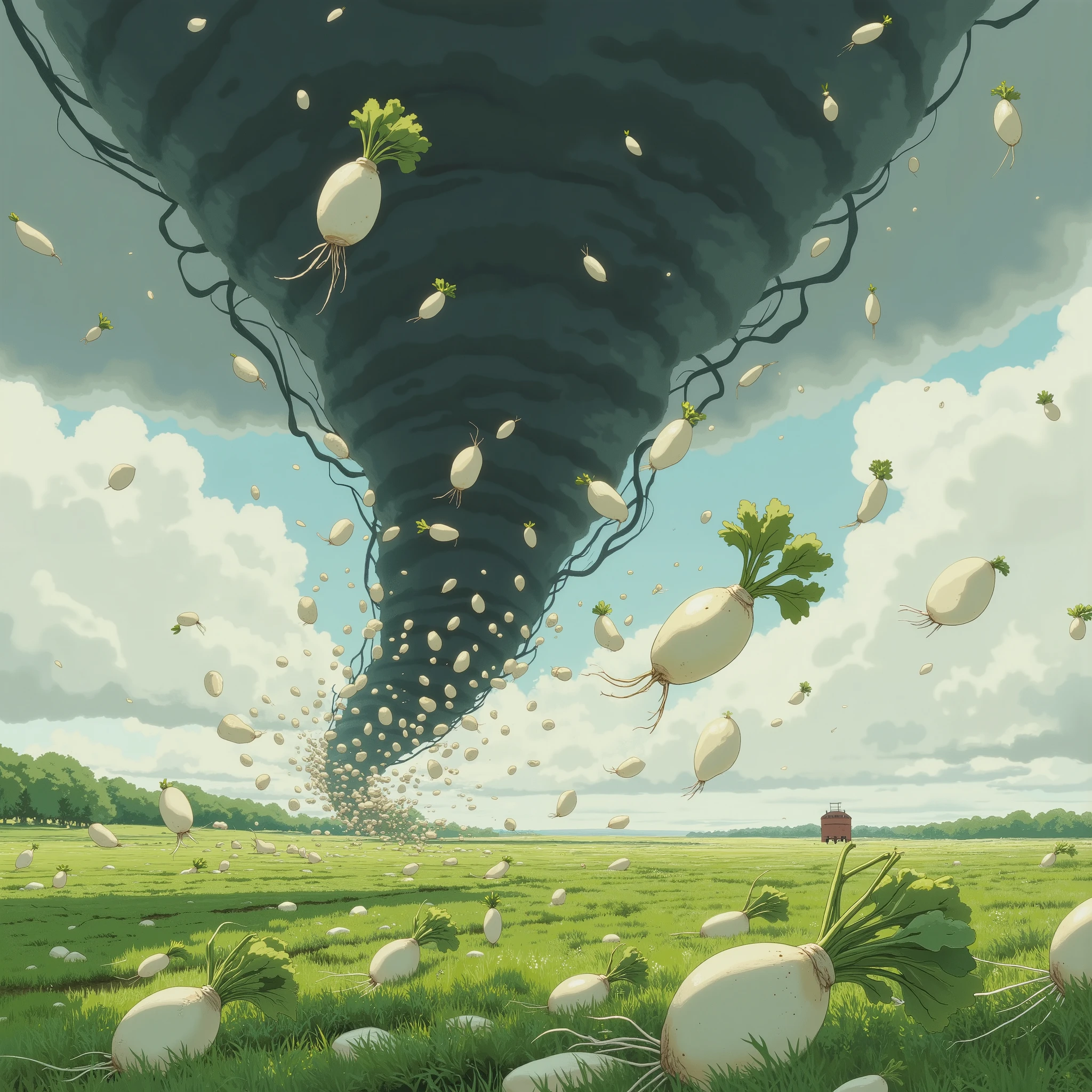 big black tornado 、 lots of daikon being carried away by a tornado、Flying daikon 、 many radishes rolled up 、radish field、Scenery of a large field 、 Details、 high image quality、masterpiece、