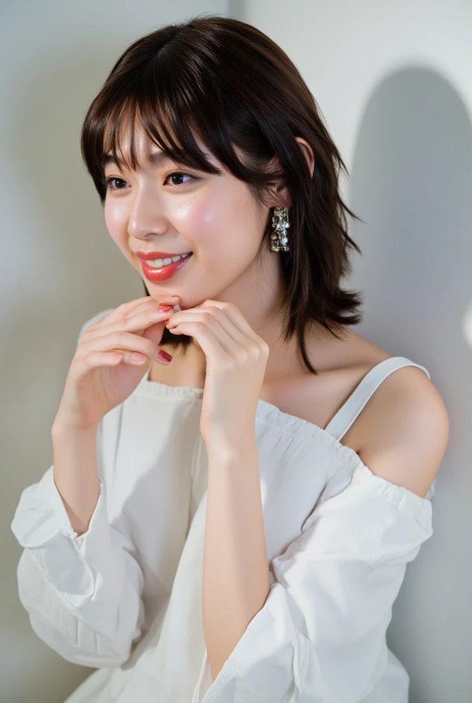 A smiling woman poses alone wearing off-the-shoulder pajamas in pastel colors that convey warmth simply by touching them softly and softly, making a firm, large heart shape with both hands, and holding them in front of her chest, View above collarbone、 background is monotone、
