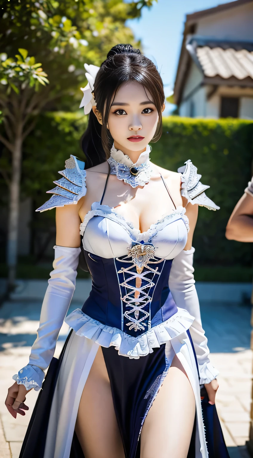 nsfw, sexy stylish Japanese model, only 1 female, ((doll-like appearance)), short lilac stylish hair, ((shiny Victorian-Style boots)), (big smile), ultra detailed eyes, vivid eye makeup, lipgloss, long lashes, defined eyebrows, ((sexy Paradise Kiss cosplay)), bell-shaped skirt, petticoats, high neckline, puffed sleeves, ((ultra detailed lace)), ((ultra detailed embroidery)), intricate details, Paradise Kiss accessoires and matching headpiece, choker, ((large sparkling Paradise Kiss jewelry)), cinematic light, detailed large park background with trees