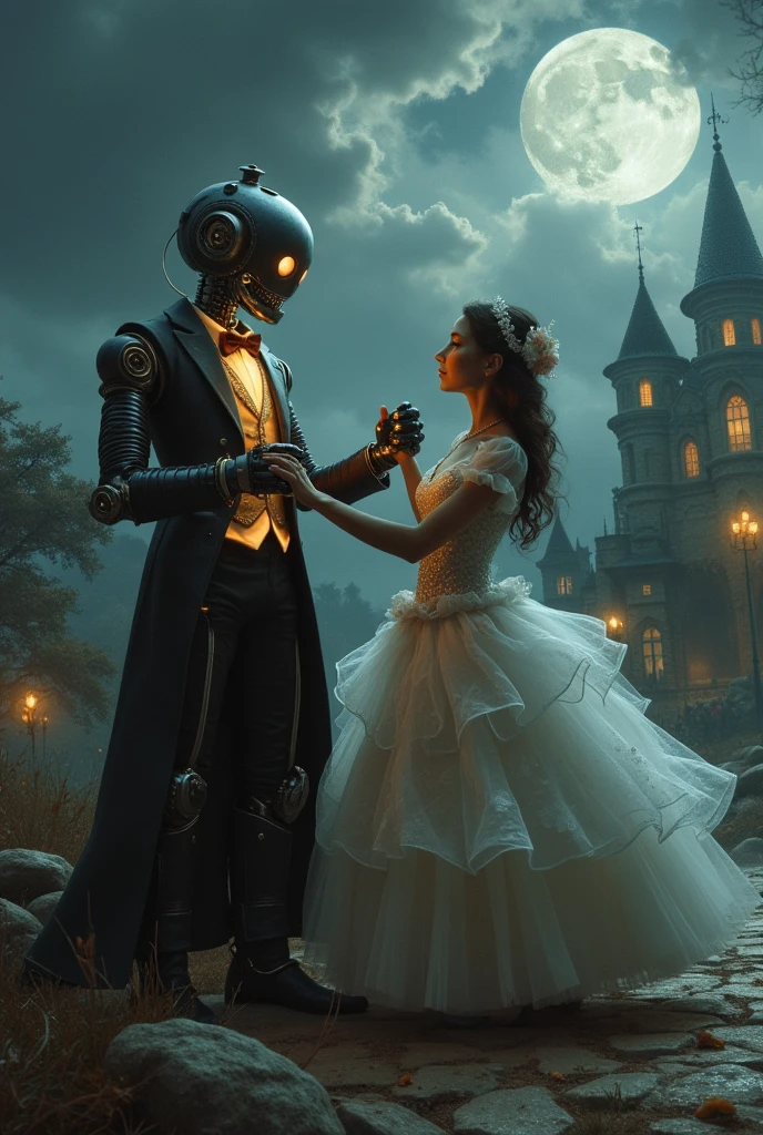 Classic old robot, wearing a tuxedo (exposed face and hands are retro robot), cute  girl wearing a tutu, two people ballroom dancing　　
The dancing couple are illuminated by moonlight, an old castle in the distance, fantastic atmosphere, quiet atmosphere, not too noisy, oil painting, superb composition, the two main characters are clearly recognisable.　