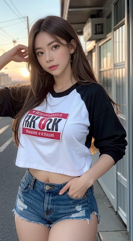 top-quality,fullbody shot,,super high resolution,(Realistic:1.4),Raw photography,
highest quality,High resolution,16 years old girl, (Raw photo:1.2)、highest quality、Detailed beauty、Beautiful woman、The most beautiful women in the world、Beautiful and sharp face、16 years old、Laughter、Smile、Light brown hair、Fluffy and voluminous hair、Highly detailed face、Beautiful and fine details、Eyeliner、Nasal nose、a small face、small 、Small breasts、Seaside Road、Leaning against a wall、Shooting from a distance、Pointing the finger to 頬、Spread your legs、Natural light、Depth of written boundary、Blurred Background、High resolution、8k wallpaper details、Highly detailed 8k wallpaper、Light、Cute pose、(Photorealism:1.4)、Super Detail、masterpiece、Crop top、Small T-shirt、Shorts、hot pants、Pointing the finger, big eyes , huge shy smile , blush , View your viewers ,