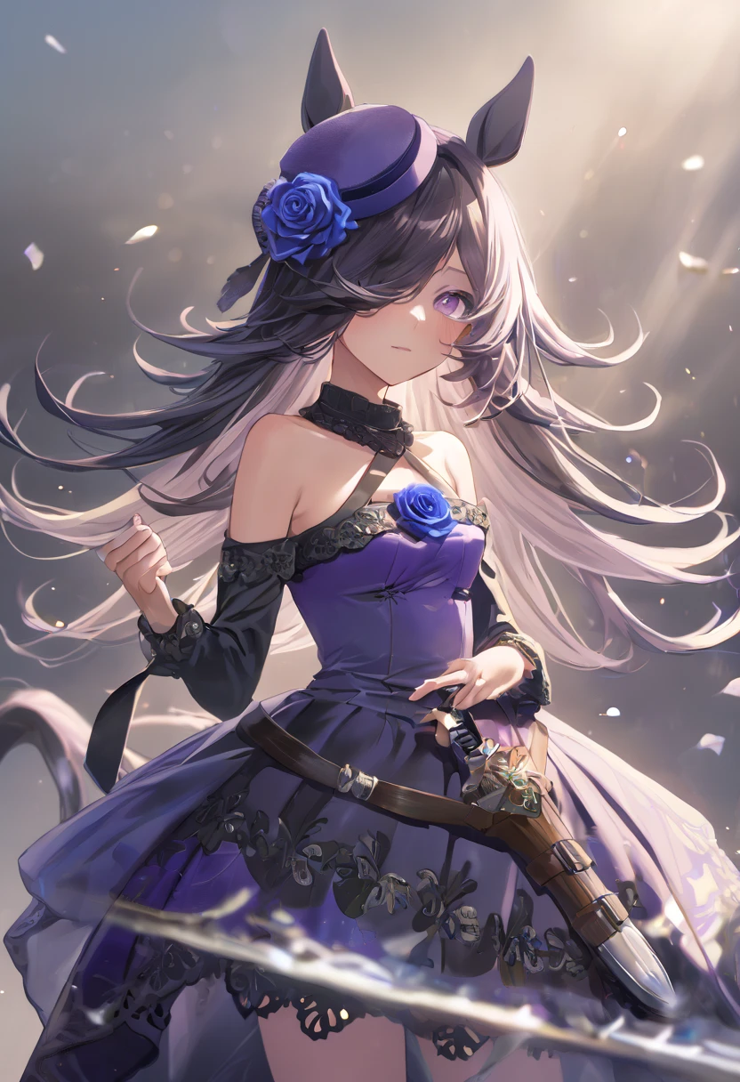 masterpiece, best quality, ultra detailed, detailed eyes, sparkling eyes, the whole body、Standing posture、Horse Girl、Rice Shower(blue dress with exposed shoulders、Small breasts、Black Hair、Blue rose hair accessory、Purple Eyes、 blue arm cover 、Black tights、Black horse ears)、Flower Field