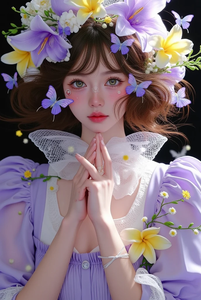 There was a woman，Wears a flower hat on the head ， has a butterfly decoration on the head, Fairy Tale Core, artwork in the style of Gu Weiss, Gu Weiss,  was inspired by Cheng Yanjun ,  aesthetically cute ，Steampunk with fluttering ,  ethereal , dream,  Ethereal Fairy Tale , Dreamlike beauty, 🌺 CG Society, Gu Weiss masterpiece, Fantasy Aesthetics!,   photo of Belle Delphine 

1.	 hair
 • ,  It shines slightly with warm gold when exposed to light .
	 • It always looks a little matted from working in the lab, but ,  Even so, it looks natural and lovely .
	 • The length is slightly over the shoulder ,  Often tied with a ribbon to prevent matting .
	2.	 eyes
 • Green eyes ,  Clear and deep like drops of dew shining in the forest .
	 • Her eyes are gentle and affectionate, and ,  The overall impression is that she focuses on listening to the other person's story .
	3.	 skin
 • Bright skin with a slight blush .  While handling potions, her hands are often a bit rough due to herbs or pollen on her fingertips, but ,  itself shows her hard work and passion .
	4.	 physique with soft brown hair
 • The height is slightly smaller than average (Approximately 160 cm ).
	 • Her movements are quiet and elegant, like a calm personality, and ,  Sometimes she is surprisingly energetic when playing actively with friends .
	5.	 costume
 • When I work in a store, I wear a simple light purple robe and fiddle with ,  A small pocket tied around the waist to hold essential potion tools .
	 • On the inside of the robe, she wears a practical pleated skirt and white shirt to make it easy to move around .
	 • On the edge of the robe, she is decorated with a small flower pattern embroidered by herself It adds a cute vibe .
	6.	 An iconic element
 • A small glass bottle necklace that is always worn around her neck is a trademark .
	 • This bottle contains the first potion she made ,  every time I think of people who are important to me .
	 • Does she wear small flower pins that vary from season to season .  Symbolizing the source of the potion made through communication .



Eloise's appearance itself isn't flashy, but ,  Her gentle smile and sincere eyes quickly make people feel at ease and happy .  she seems to have a warm scent around her, and ,  people who meet her once leave such a special impression that they won't forget her .