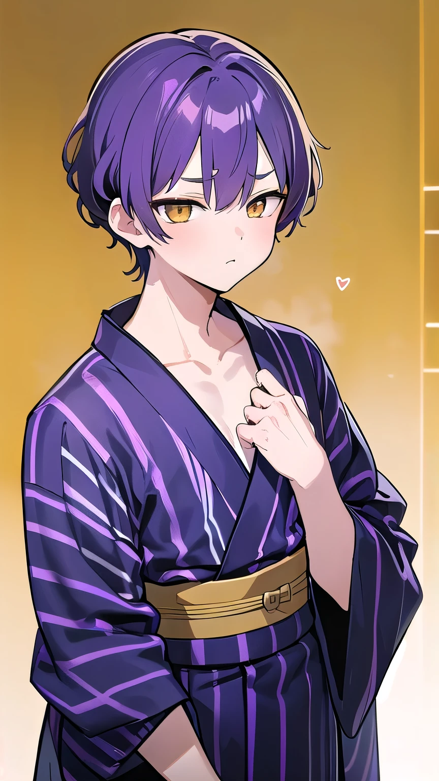 1. Boy、 Split to the Center , purple hair , 優しいface、笑face、 shorthair、 two block hair 、Masculine Skeleton 、Muscular、clavicle、、(((( Split to the Center , purple hair , Perm、shaved、、 )))) golden eyes、 (((clothing: Men's Yukata 、Men's Yukata 、 Navy Blue Kimono 、 stripe)))、 angle from front((face: golden eyes、笑いface、優しいface))、From the waist up