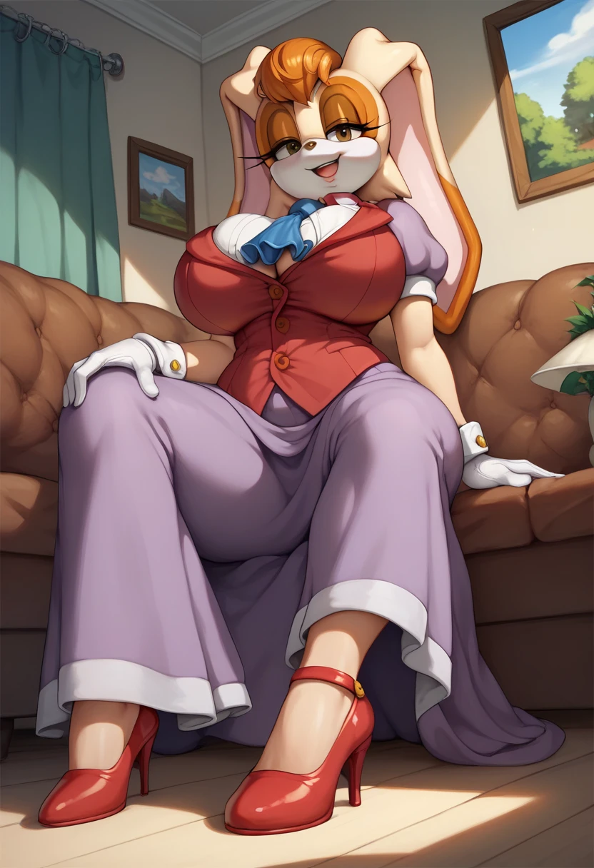 1 girl, solo, Giant soft and heavy breasts, wide hips and thick thighs, voluptuous figure, cleavage busting out of top, milf, vanilla the rabbit, long skirt, purple skirt, Blue ascot, short sleeves, puffy sleeves, collared shirt, white gloves, buttons, red vest, red heels, sitting on sofa, closet eyes, living room, day, seductive face, little smile, looking at viwer, full body, front view, spread legs, front angle, pov view, below view 