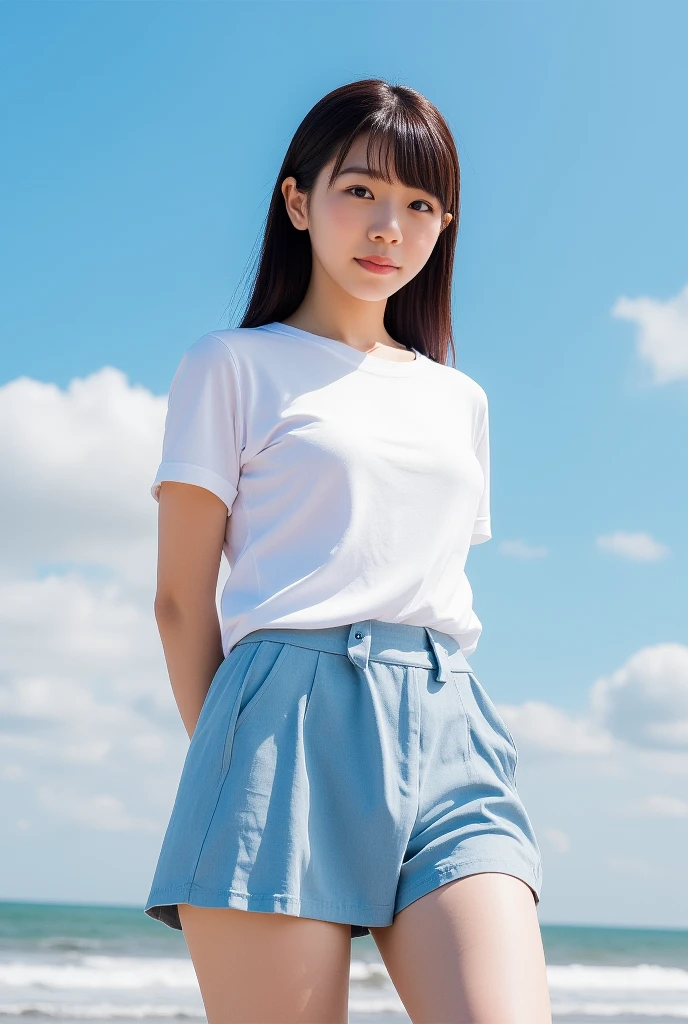 top quality 8k, high resolution, professional photographic, ultra detailed, 15mm film, portrait, (19 year old, beautiful Japanese female, REIKA standing legs parted:1.3), beautiful long hair elegant hair blunt bangs:1.4, beautiful nape, big hip best proportion, arms behind back, micro t-shirts "pero" (light-blue skirts:1.4), (too huge tits chewing tits hanging down:1.9), (close up thick thigh smooth thigh radiant thigh focus from thigh under angle), too beautiful navel, ((after sex very wet body) blue sky, nsfw, too very sweat blushing), (ultra detailed white-skinned:1.5), wet skinned, sakumi, 