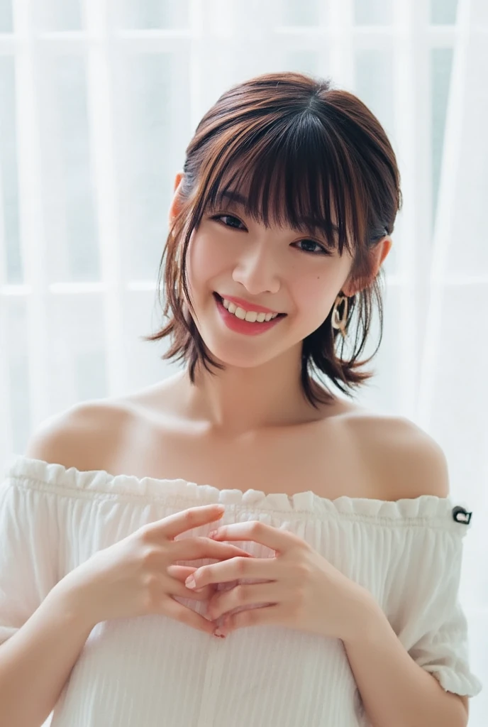 A smiling woman poses alone wearing off-the-shoulder pajamas in pastel colors that convey warmth simply by touching them softly and softly, making a firm, large heart shape with both hands, and holding them in front of her chest, View above collarbone、 background is monotone、
