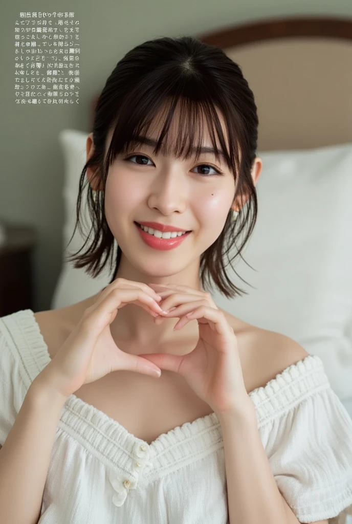 A smiling woman poses alone wearing off-the-shoulder pajamas in pastel colors that convey warmth simply by touching them softly and softly, making a firm, large heart shape with both hands, and holding them in front of her chest, View above collarbone、 background is monotone、
