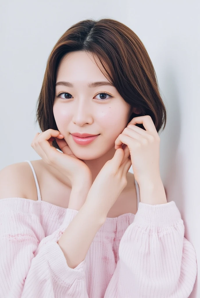 A smiling woman poses alone wearing off-the-shoulder pajamas in pastel colors that convey warmth simply by touching them softly and softly, making a firm, large heart shape with both hands, and holding them in front of her chest, View above collarbone、 background is monotone、
