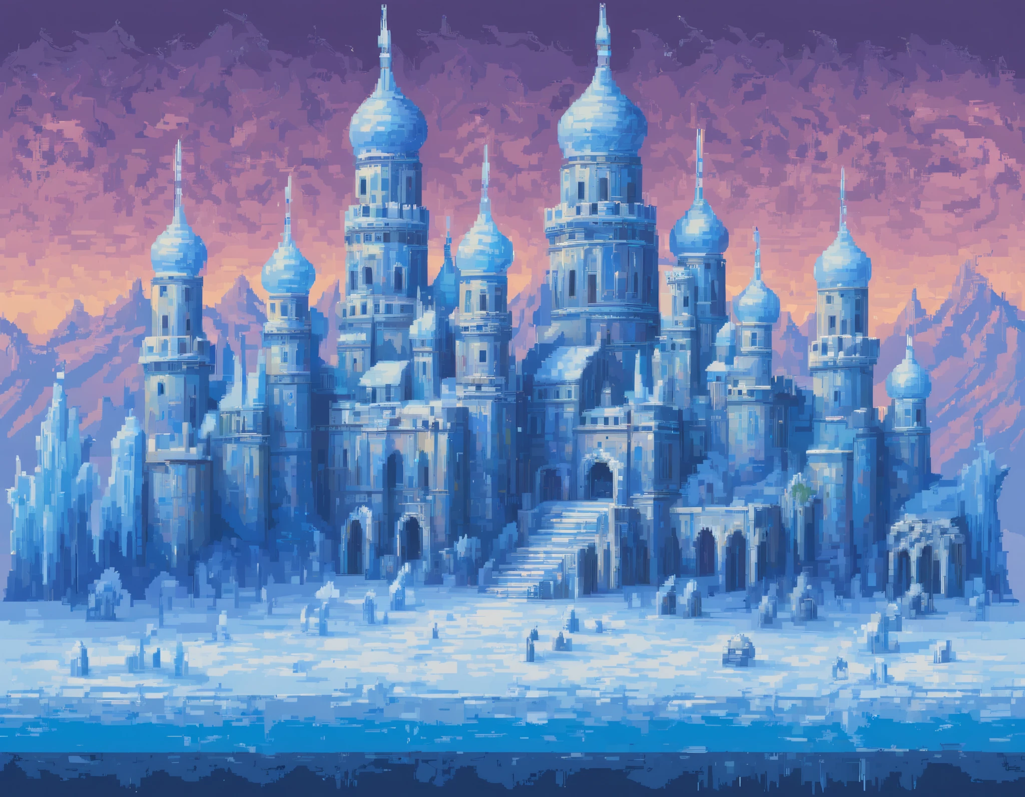 a pixelated ice kingdom, a grand ice palace, an icy landscape, a frozen world, 8k, highly detailed, cinematic lighting, dramatic lighting, beautiful detailed ice crystals, intricate ice patterns, volumetric fog, mist, snowstorm, snowflakes, cinematic composition, epic scale, digital art, pixel art, minimalist, vibrant colors, cool color palette, blue tones, glowing ice, reflective ice, ice shards, ice spires, architectural details, fantasy, surreal, magical, hyper-detailed, masterpiece