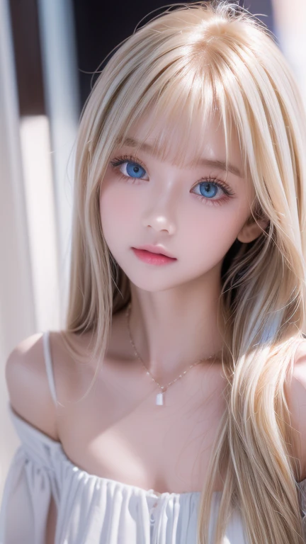 Realistic、The ultimate beautiful blonde、Ultra Recruitment、One baby-faced young idol girl、Distant Gaze、ootd、Off-the-shoulder white top、Round and young face、Accessories Full、 Necklaces 、Big, clear, and incredibly bright, vivid ice mint green eyes that shine beautifully、 big eyes、Long eyelashes、 Big Breasts 、 slim waist 、Light makeup、Neat teeth、Light blonde hair、Small Face Beauty、Very white, young, shiny skin、 super long straight silky hair 、bangs、目と目の間のbangs、目にかかるbangs、Round face